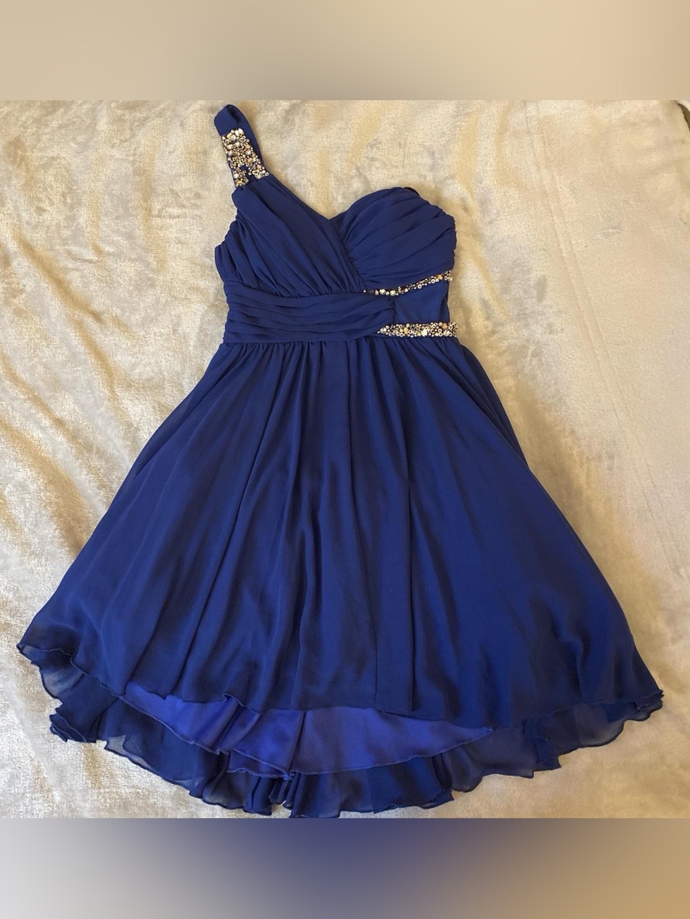 City Studio One-Shoulder Navy Blue Chiffon Cocktail Dress with Beaded Accents